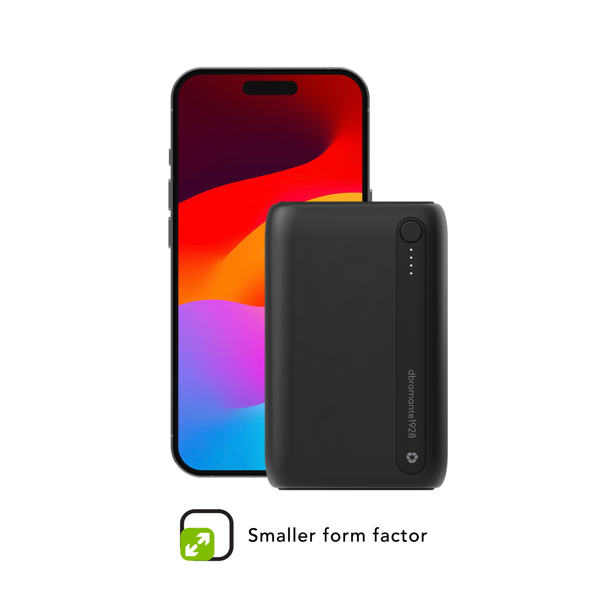 Un telefono e un power bank nero su sfondo bianco. Il telefono ha uno sfondo colorato.