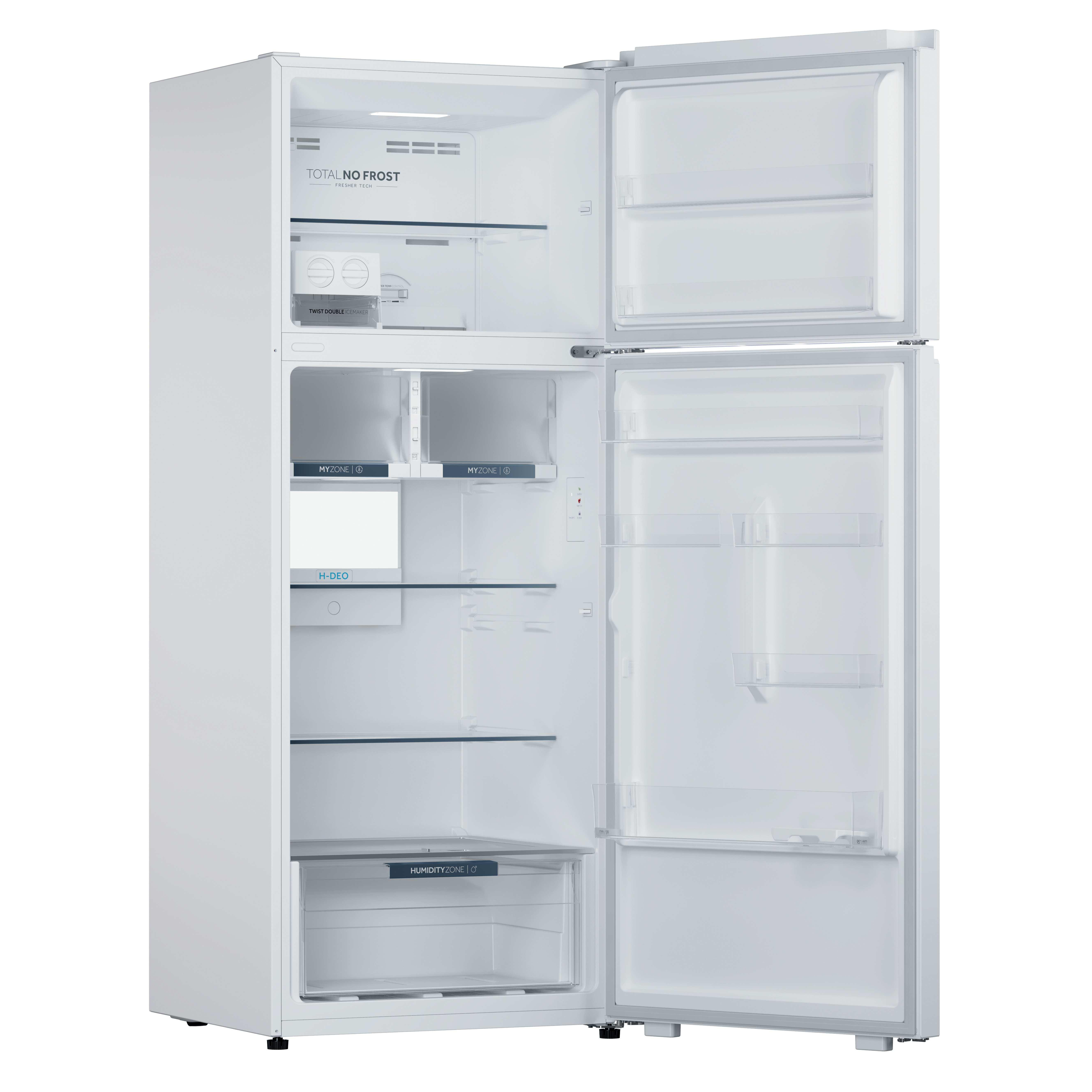 Un frigorifero bianco con ante aperte. Ha ripiani, cassetti ed etichette come 'Total No Frost' e 'Humidity Zone'.