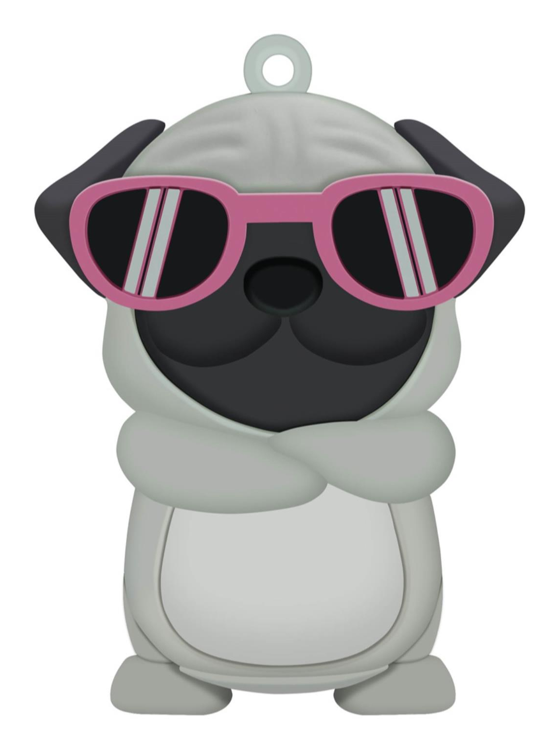Un carlino dei cartoni animati con occhiali da sole rosa. Il carlino è grigio chiaro con orecchie, naso e lenti degli occhiali neri.