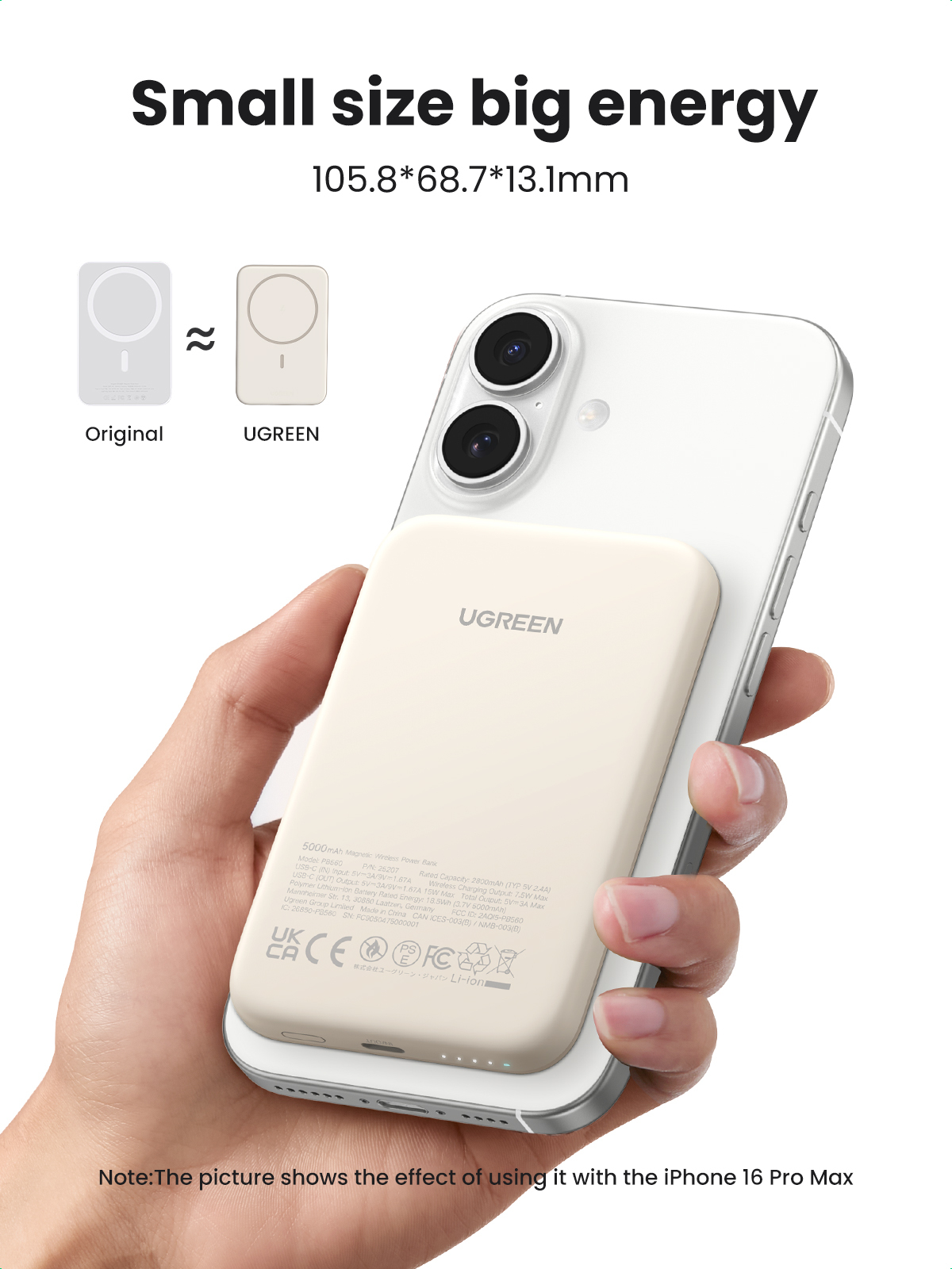 Dłoń trzyma iPhone'a z podłączonym power bankiem UGREEN. Tekst: 'Mały rozmiar, duża energia', specyfikacje produktu i 'iPhone 16 Pro Max'.