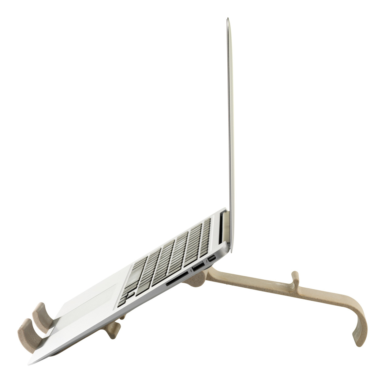 A laptop is placed on a beige stand. The laptop is open, angled upwards. The background is plain white.