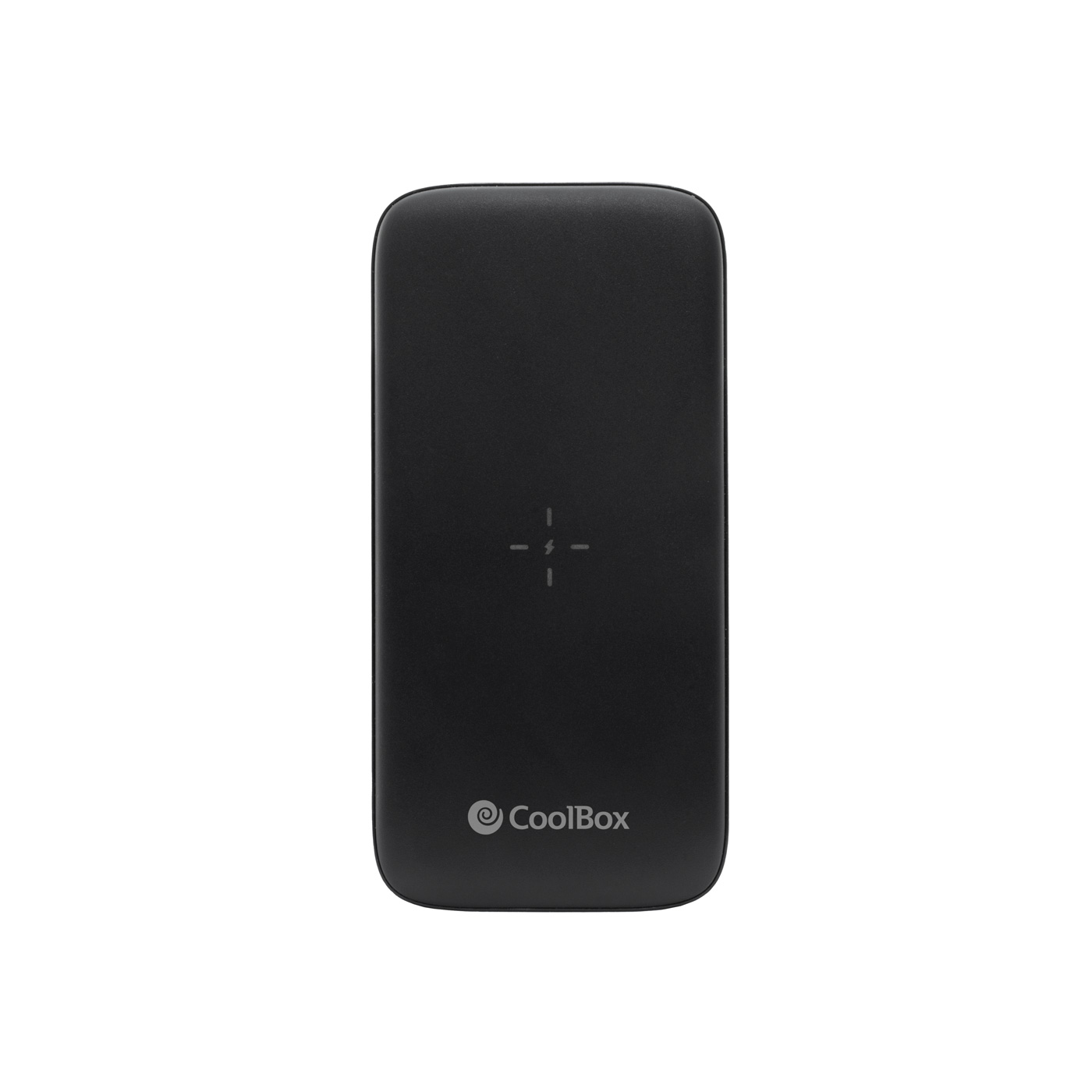Un caricabatterie wireless CoolBox nero. Ha un simbolo di ricarica e il logo CoolBox. Il caricabatterie è su sfondo bianco.