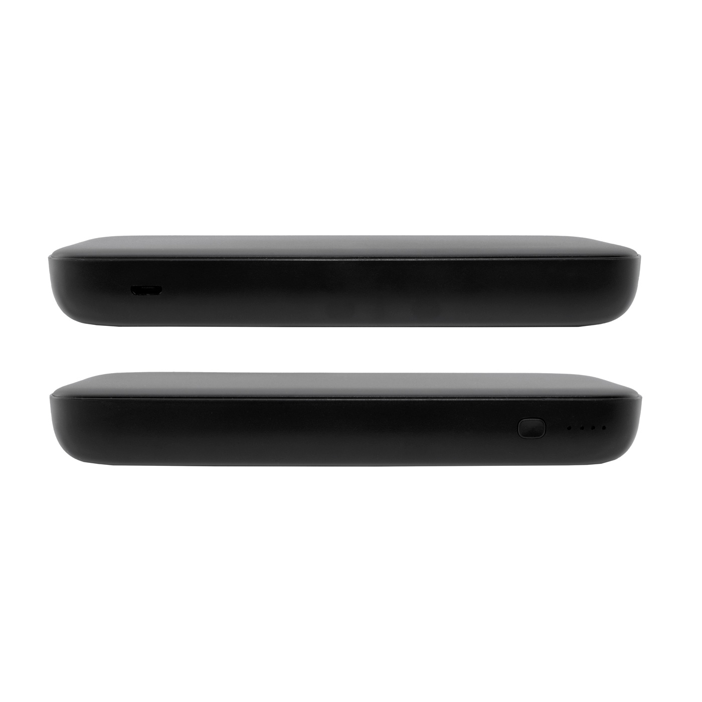 Due power bank rettangolari neri, uno sopra l'altro, su sfondo bianco. Uno ha una porta, l'altro ha dei pulsanti.