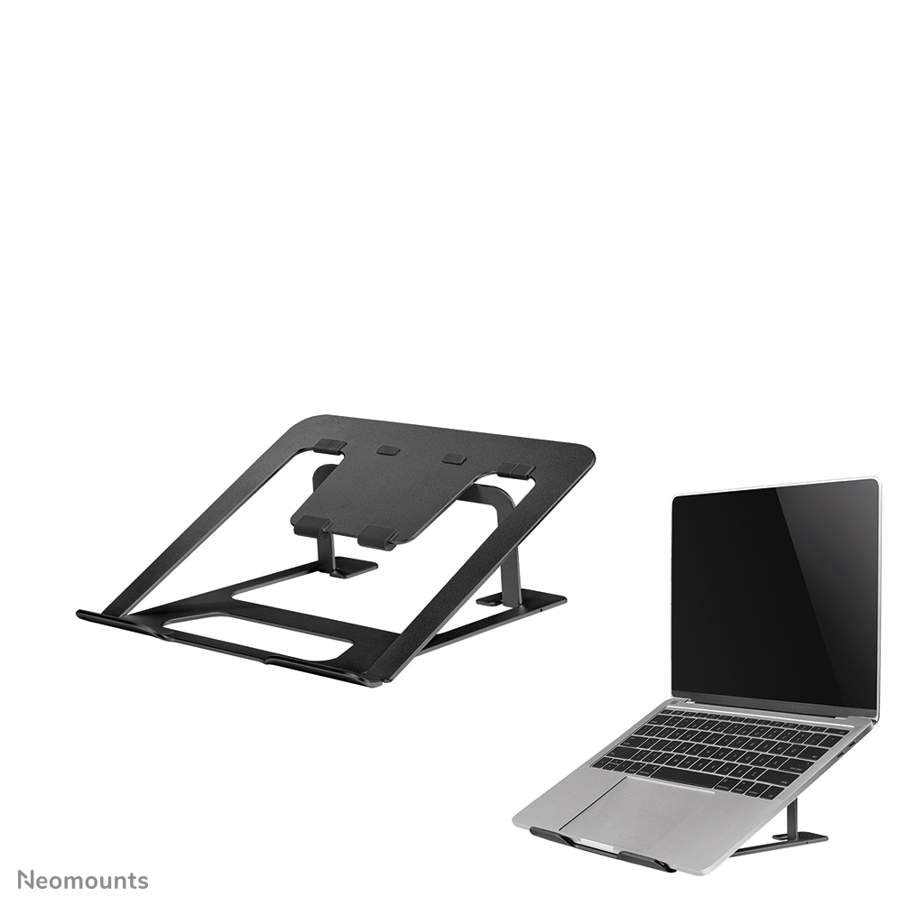 A black laptop stand and a silver laptop on a white background. The stand is angled, and the laptop screen is black.