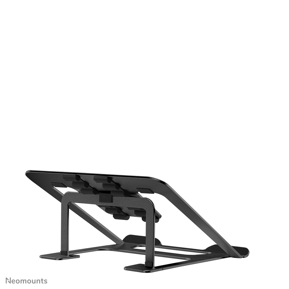 A black laptop stand is angled upwards. It has a flat surface for the laptop and a supporting frame.