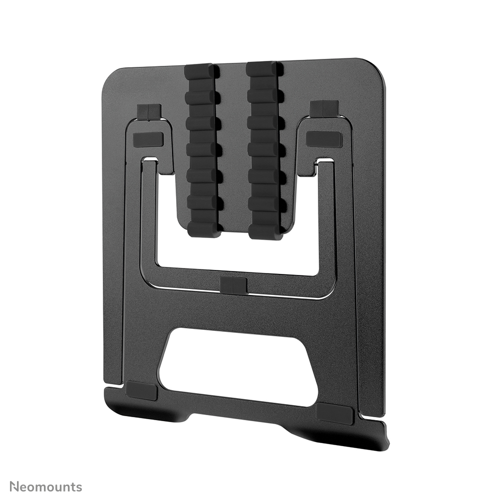 A black laptop stand, folded. It has rubber grips and a rectangular design with cutouts for ventilation and support.