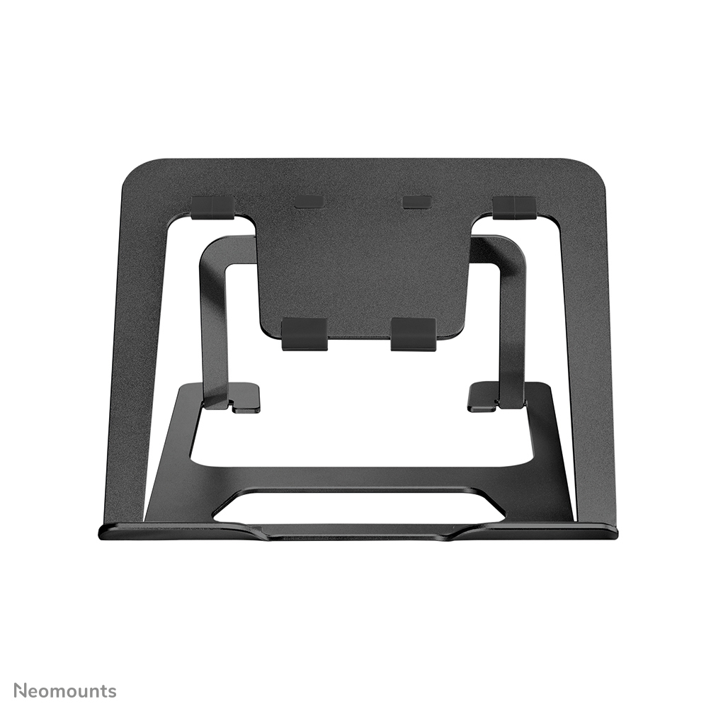 A black laptop stand is displayed on a white background. It has a rectangular base and a raised platform with rubber pads.
