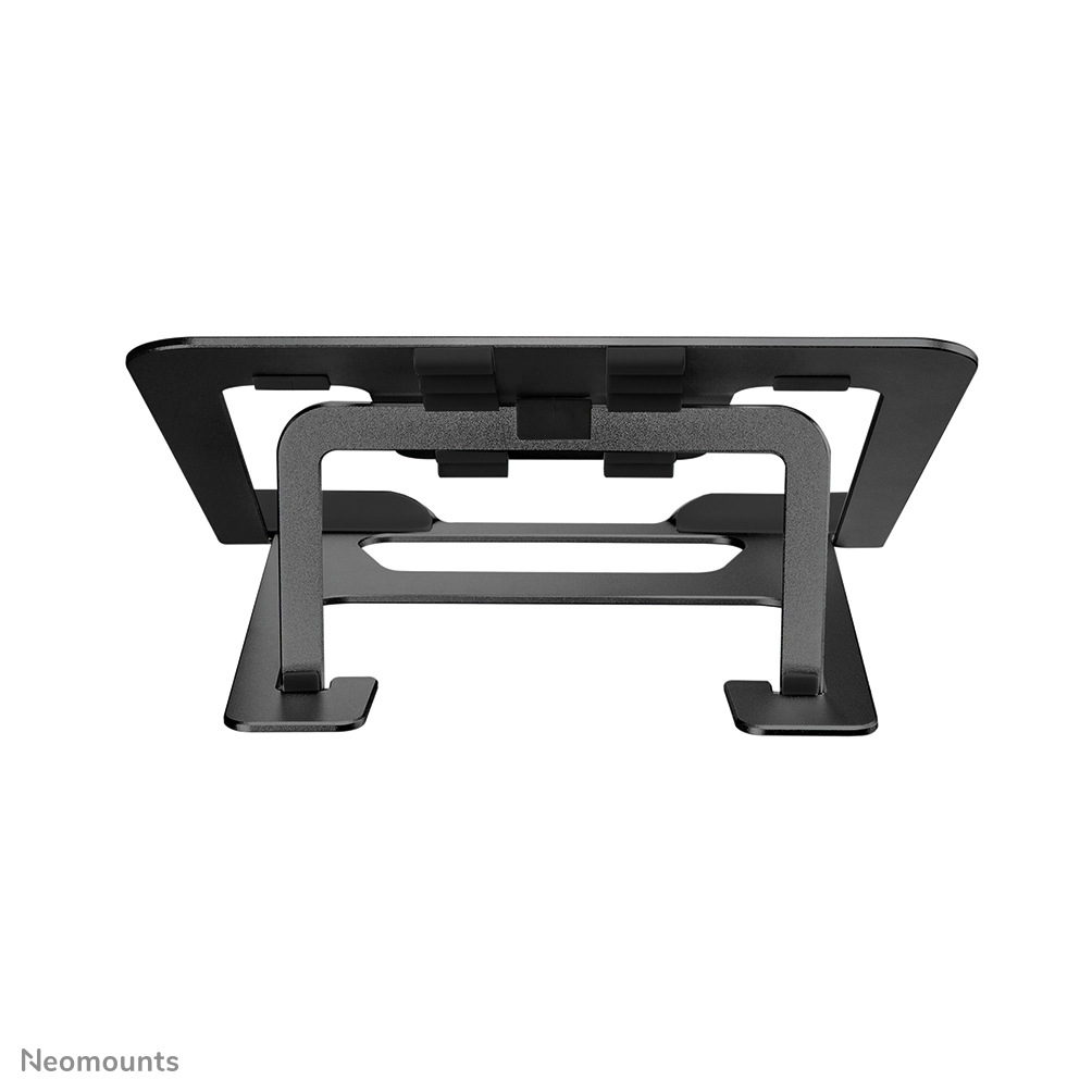 A black laptop stand, featuring a rectangular top with supports and two legs. It is set against a white background.