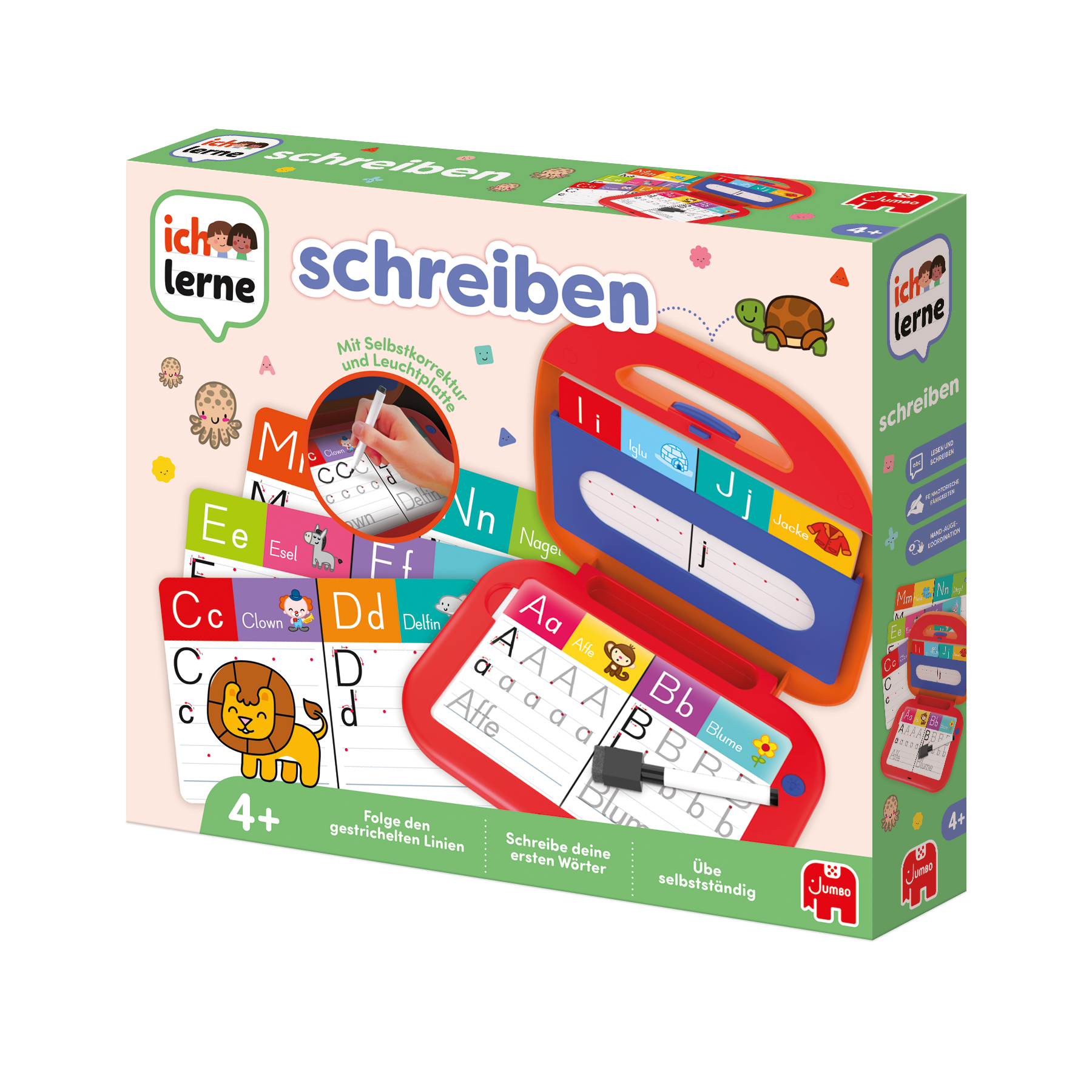 Giocattolo educativo in scatola con lettere, pratica di scrittura. Include una lavagna rossa e illustrazioni di animali.