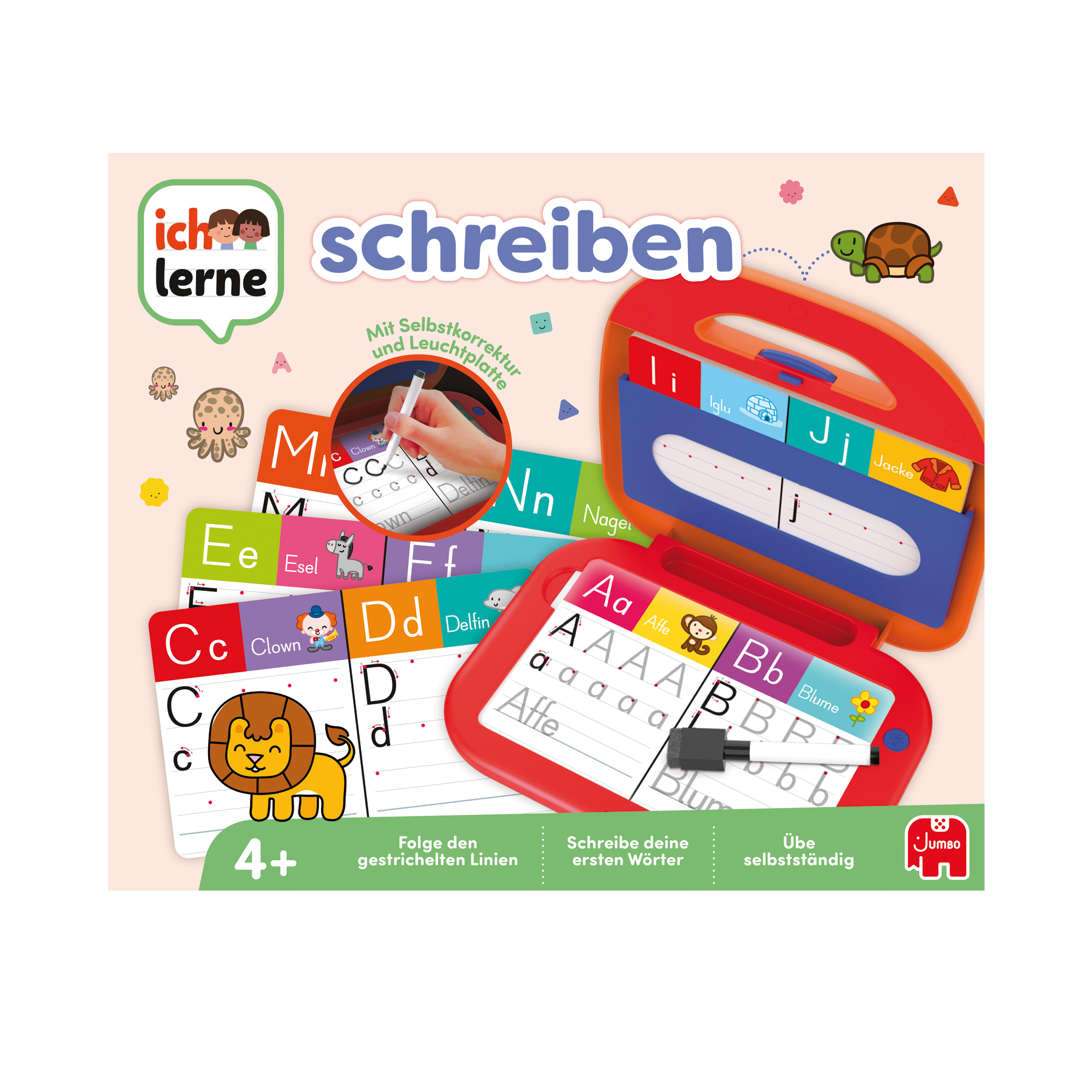 Un gioco per imparare a scrivere per bambini con lettere e illustrazioni. Contiene una penna e una gomma.