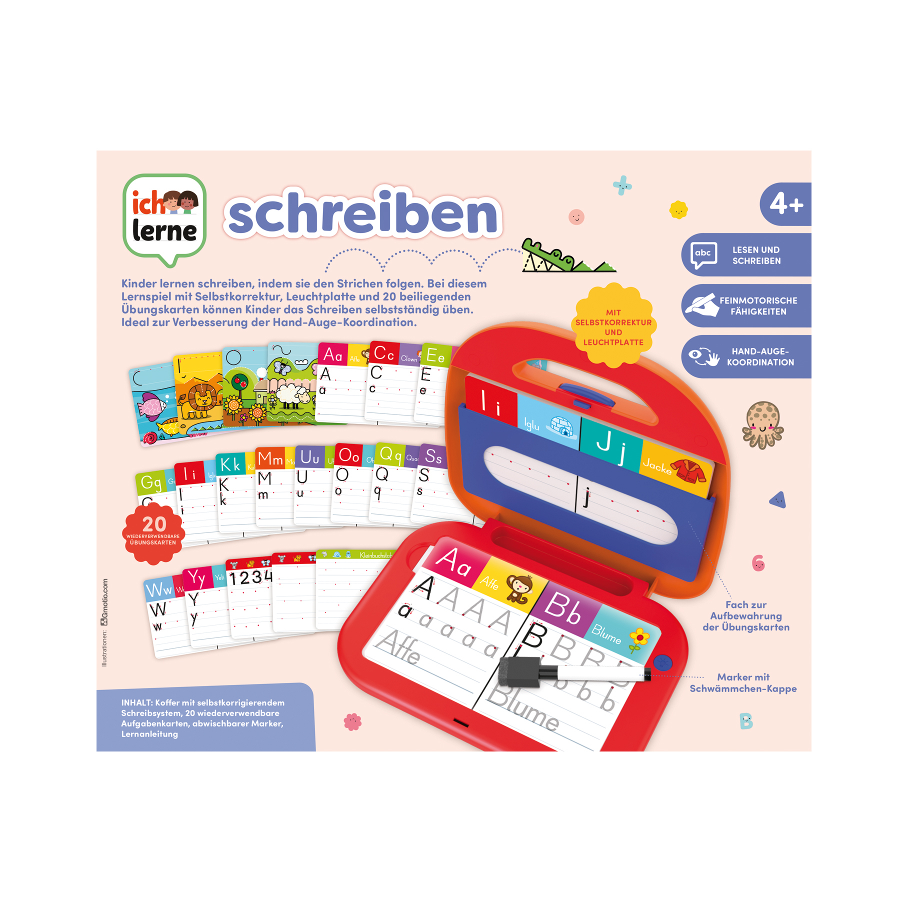 Un kit per imparare a scrivere per bambini, custodia rossa con schede e un pennarello. Include lettere e numeri.