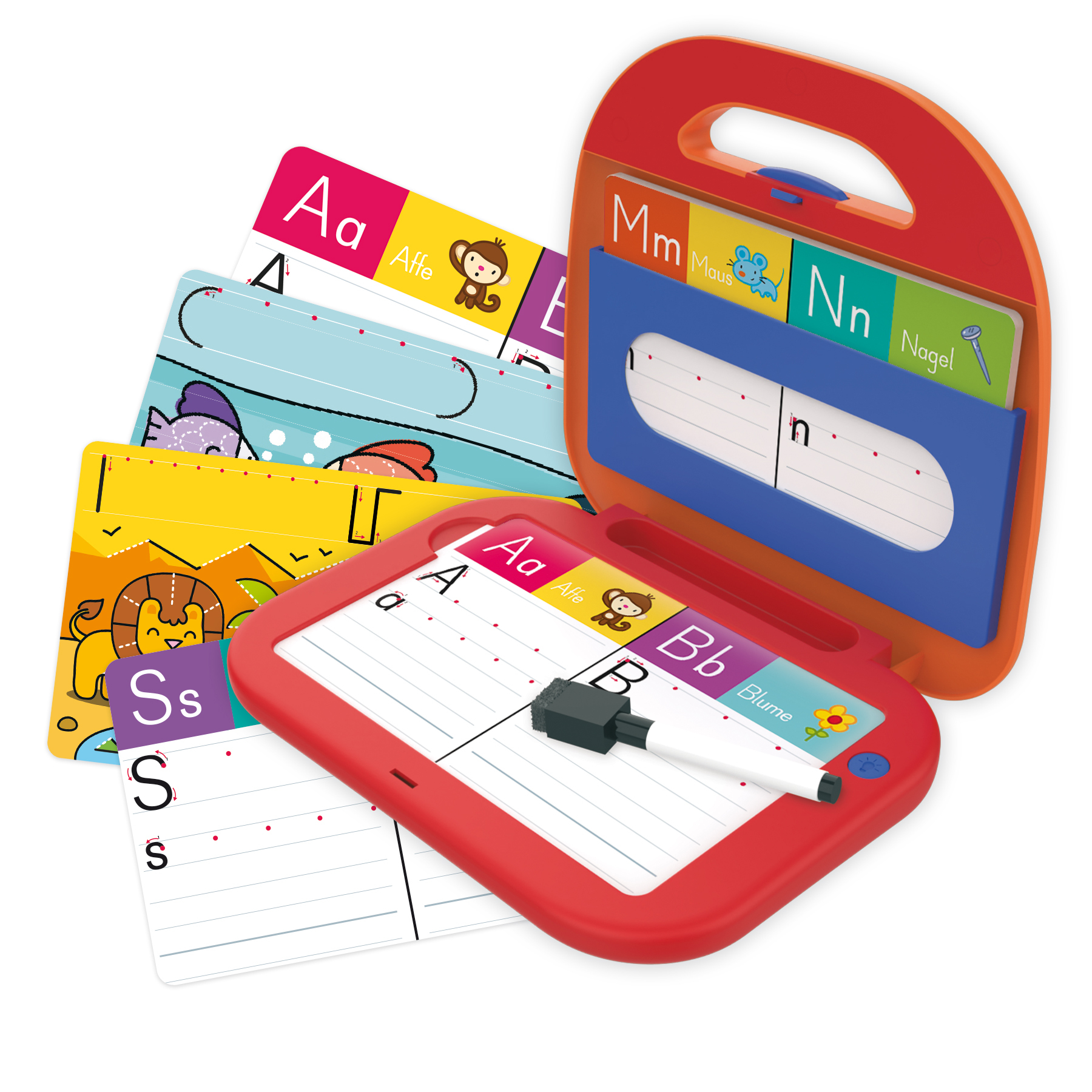 Un set didattico per bambini con schede alfabetiche, una lavagna e una custodia. Sono visibili illustrazioni e lettere colorate.