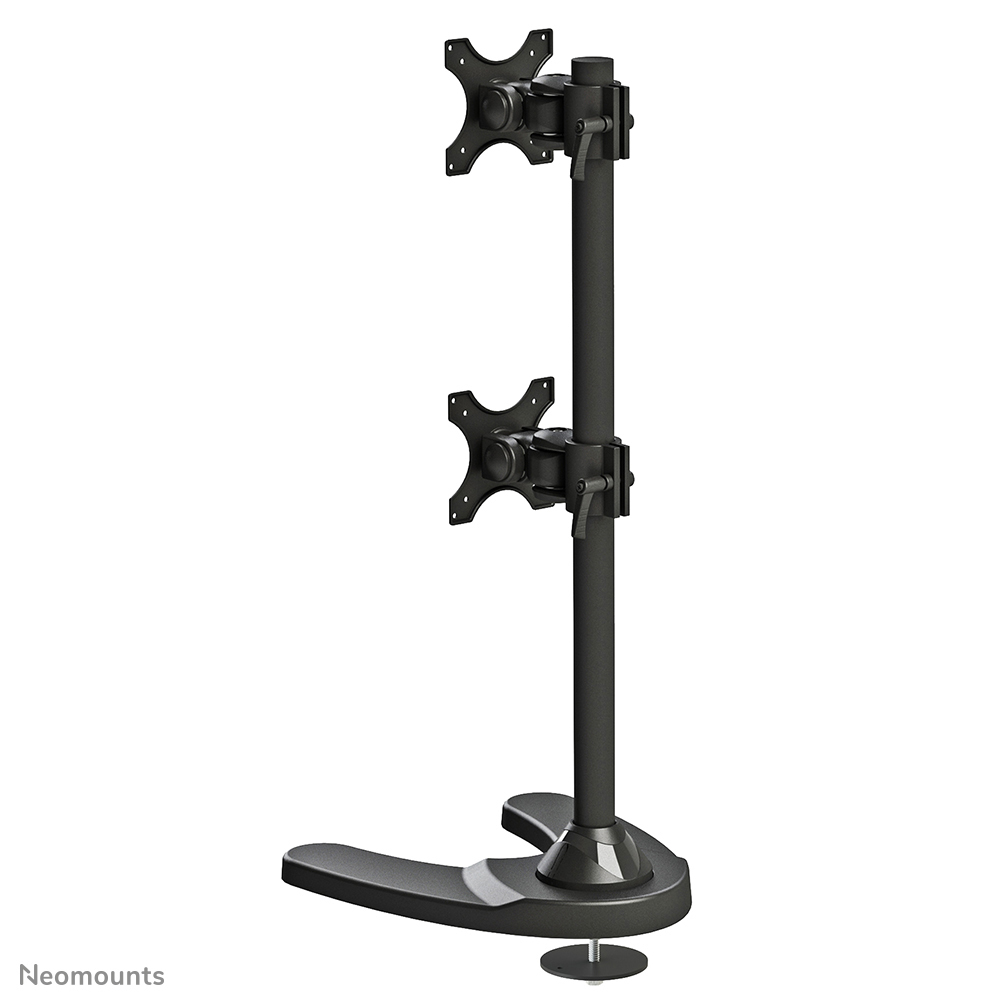Een zwarte dubbele monitorstandaard. Het heeft een basis, een verticale paal en twee beugels voor monitoren.