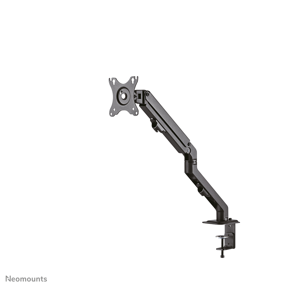A black monitor arm, with a clamp, is set against a white background. It's designed to hold a monitor. Neomounts logo on bottom left.