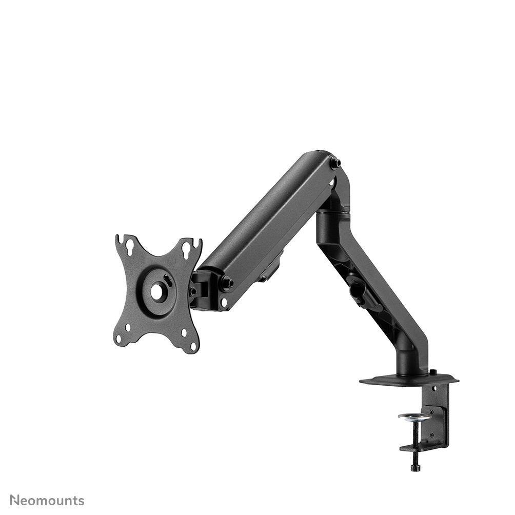 A black monitor arm, with a clamp base, angled and adjustable. It is designed to hold a computer monitor. The background is white.