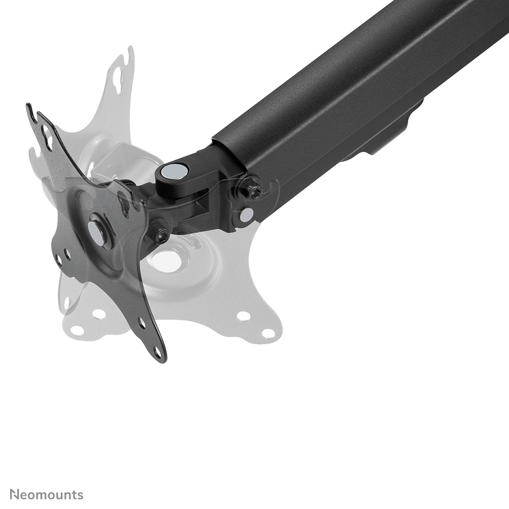 A black monitor arm, with a bracket and a long arm. It's angled to the right, showing a white background.