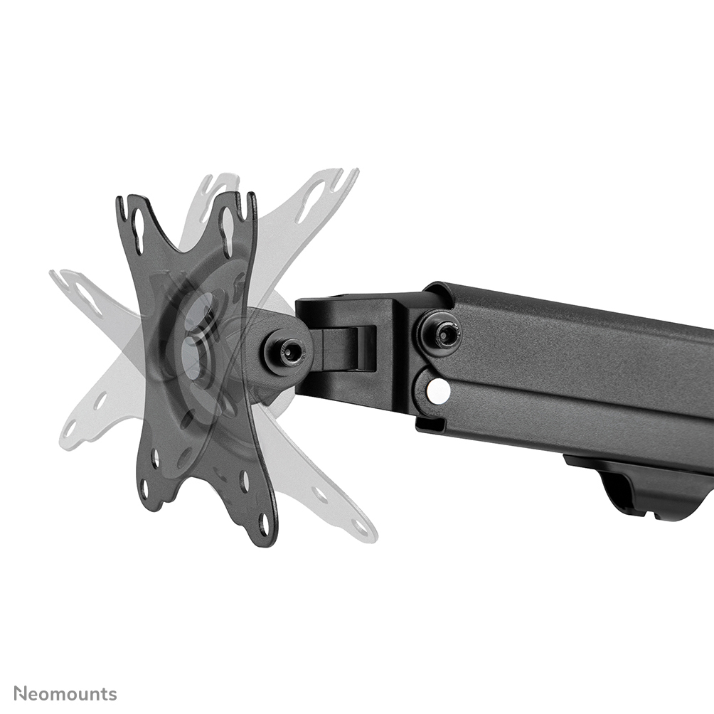 A black monitor arm with a bracket. The bracket is shown in different rotated positions. The background is white.