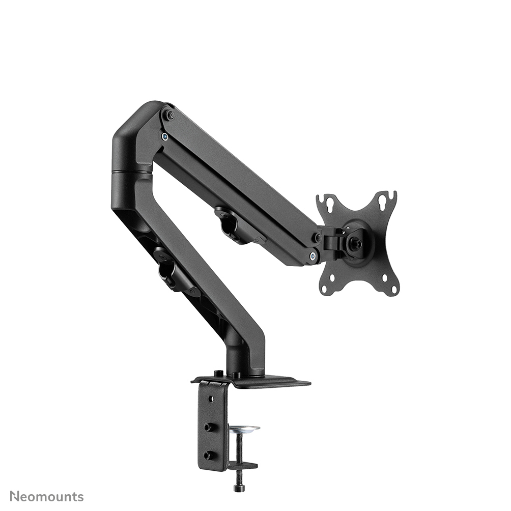 A black monitor arm is shown, extending from a desk clamp to a monitor mount. It is against a white background.