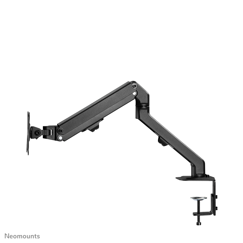A black monitor arm with a clamp. It's in a diagonal position against a white background.