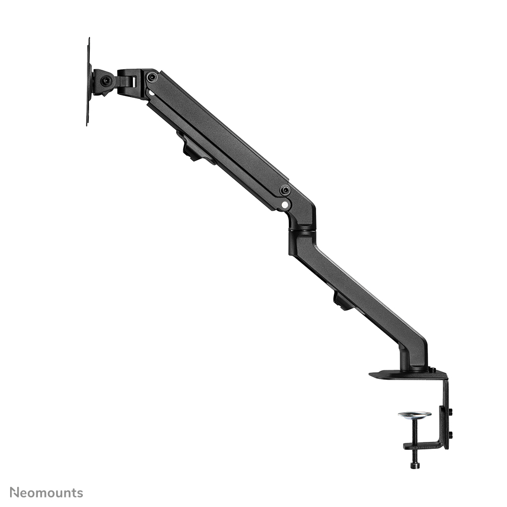 A black monitor arm is shown, mounted to a white surface. The arm is in a diagonal position. The base has a clamp.