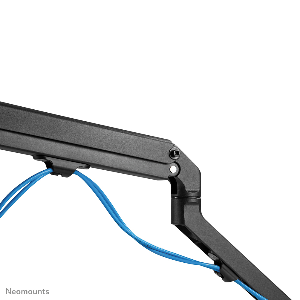 A close-up of a black monitor arm with blue cables, against a white background. The arm is angled and has multiple joints.