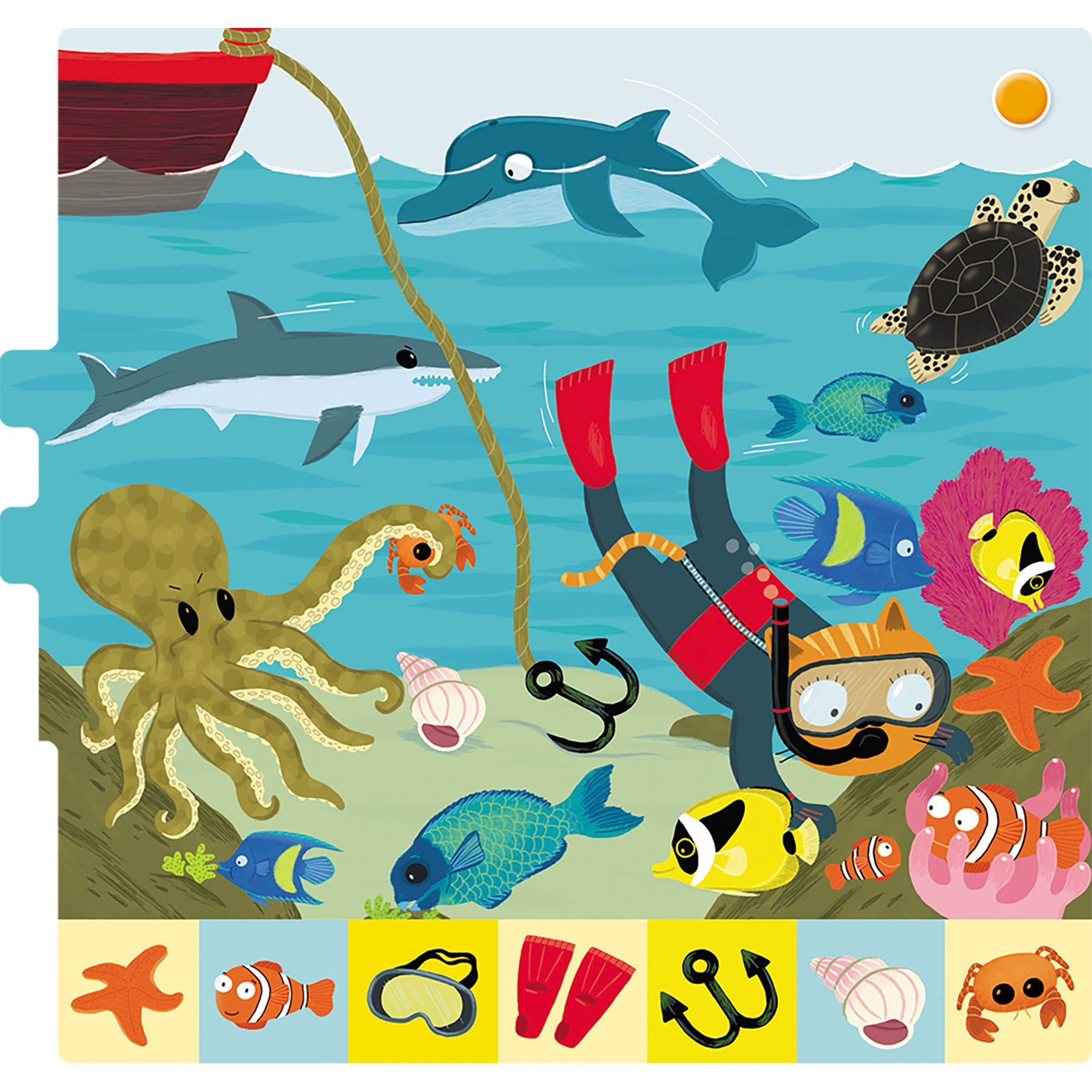 Cartoon-Szene mit einem Taucher, Meerestieren, Boot und verschiedenen Unterwasserlebewesen.