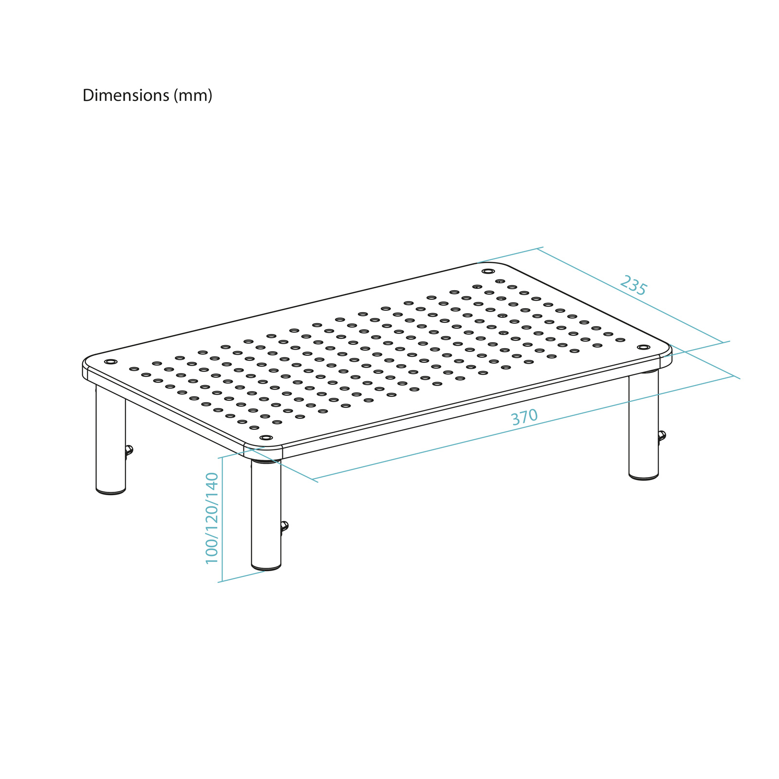 Vista isometrica di una piattaforma rettangolare con molti fori, supportata da quattro gambe. Dimensioni fornite.