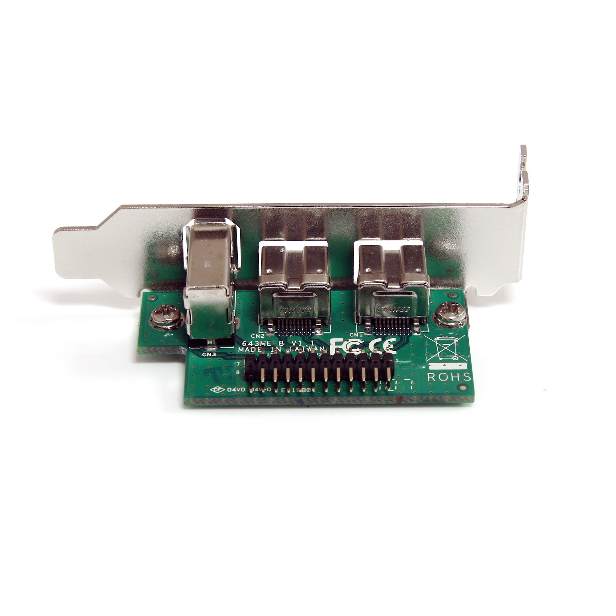 Un circuit imprimé vert avec trois ports USB et un support métallique sur fond blanc. Texte inclut 'MADE IN TAIWAN'.