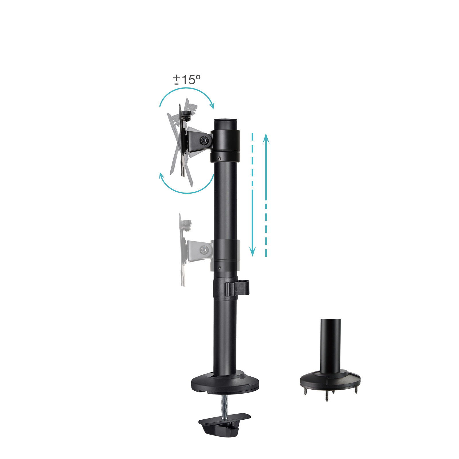 Supporto monitor nero con braccio regolabile. Le frecce indicano le regolazioni di rotazione e altezza. Base staccata e hardware mostrati.