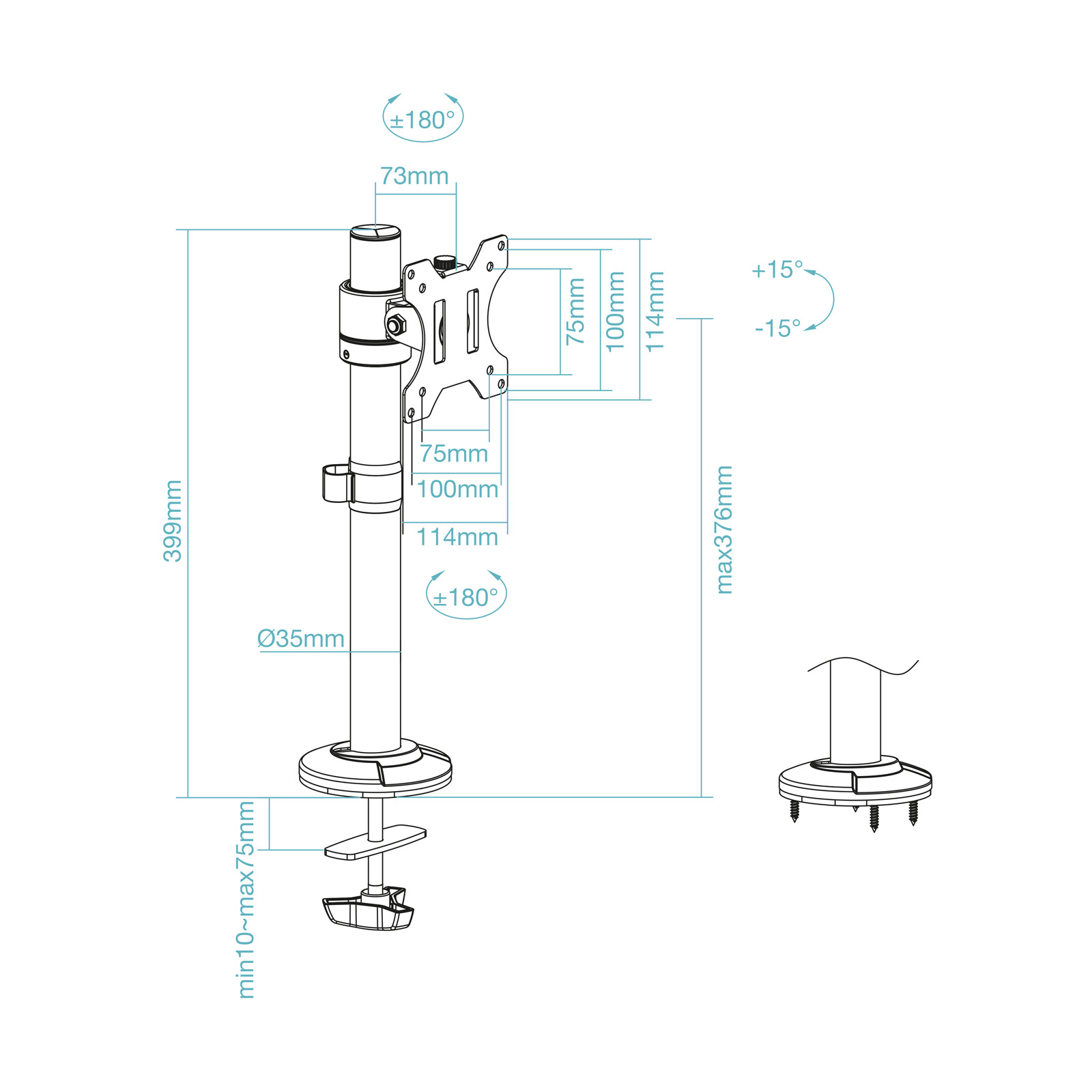 Diagramma di un supporto per monitor con dimensioni in millimetri. Include un morsetto, un palo e una staffa regolabile.