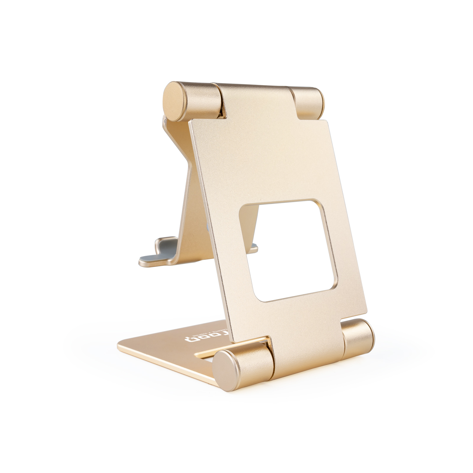 Un soporte para teléfono de color dorado. Tiene una base rectangular, un cuerpo plegable y un recorte rectangular. El fondo es blanco.