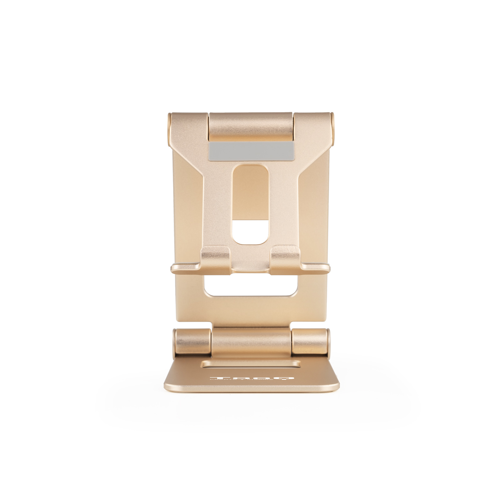Un soporte para teléfono dorado centrado sobre fondo blanco. Es un soporte plegable.