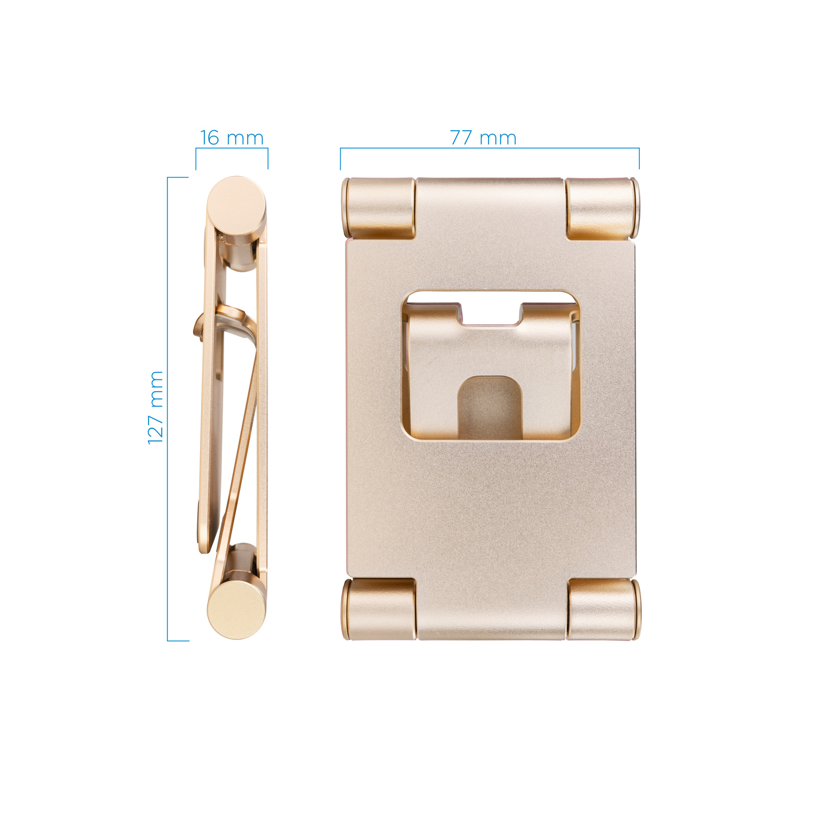 Soporte dorado para teléfono, dimensiones etiquetadas. Vista lateral muestra 16 mm ancho y 127 mm alto. Vista frontal 77 mm.