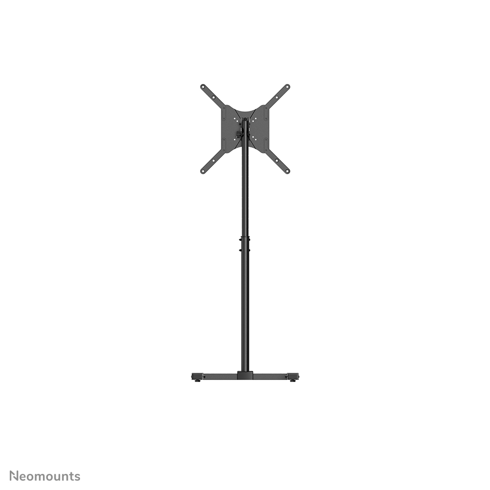 Un pied de téléviseur noir, avec une base, un poteau et un support. Le support est en haut, et le pied sur fond blanc.