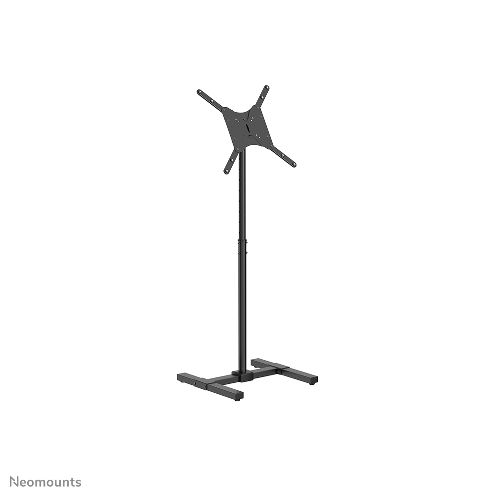 Un pied de téléviseur noir sur fond blanc. Il possède une base, un poteau et un support. Le support est en haut.