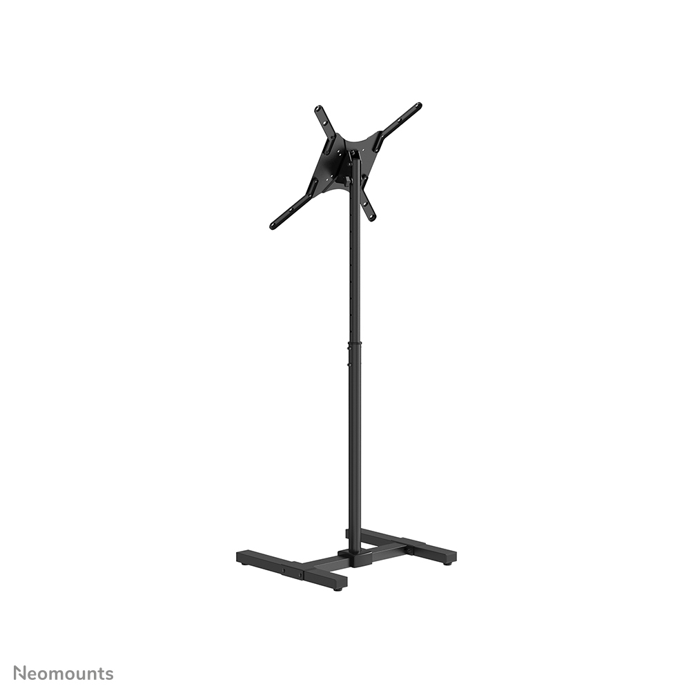 Un support de télévision noir avec une base, un poteau et un support. Le support est sur fond blanc. Logo Neomounts en bas.
