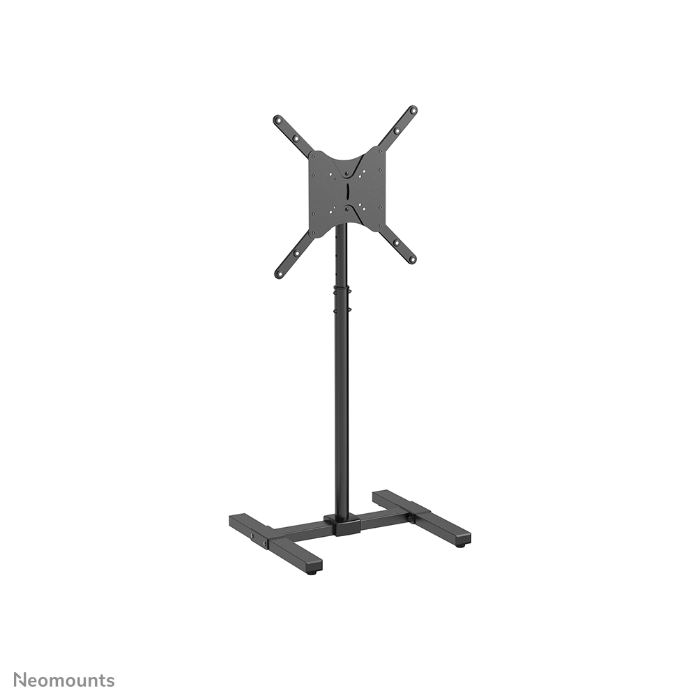 Support TV noir. Il a une base, un poteau vertical et un support supérieur. Le support est sur fond blanc.
