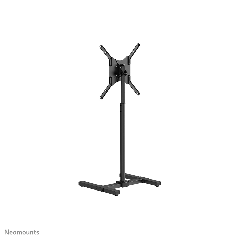 Un support de télévision noir avec une base rectangulaire, un poteau central et un support pour un téléviseur. Le fond est blanc.