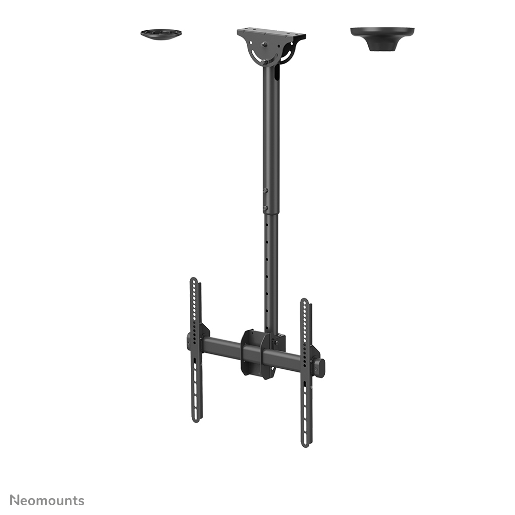Un support de plafond noir pour téléviseur, réglable en hauteur. Comprend des supports et deux plaques de plafond circulaires.