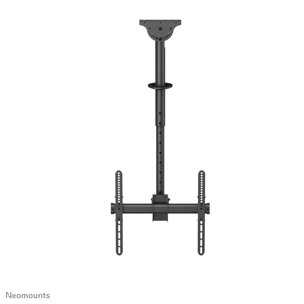 Un support de plafond noir pour téléviseur. Il a une tige réglable avec des supports de montage en bas.