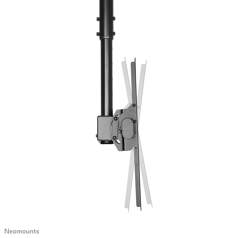 Un support TV de plafond. Il est noir et gris. Le support est montré de côté, avec l'écran incliné.