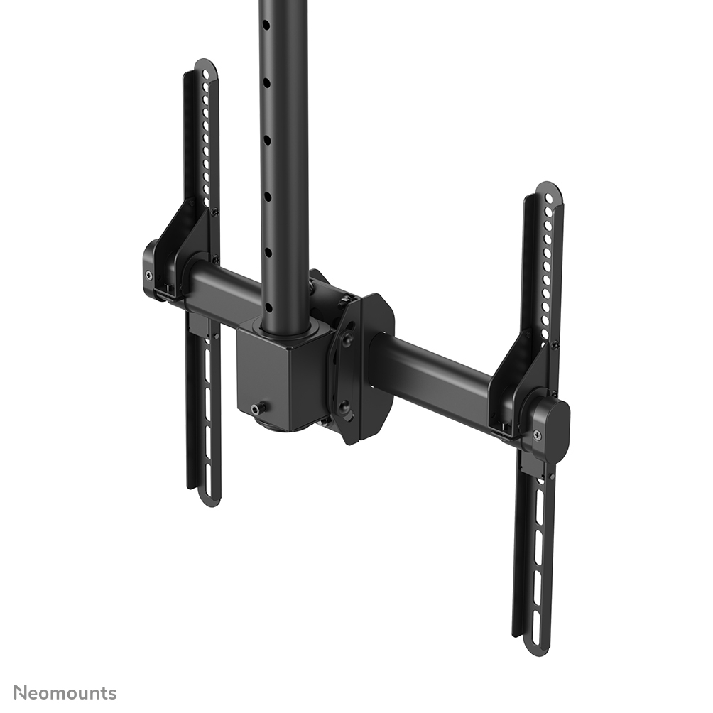 Un support TV de plafond noir. Il a des bras verticaux et horizontaux avec des supports et un poteau central.