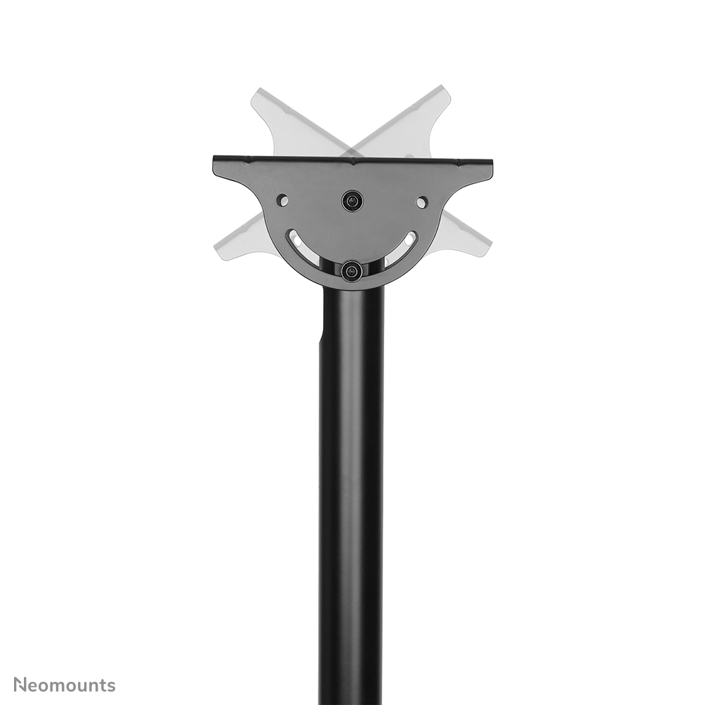 Support de moniteur noir sur fond blanc. Comprend un poteau, un support avec des trous et des bras de support inclinés.