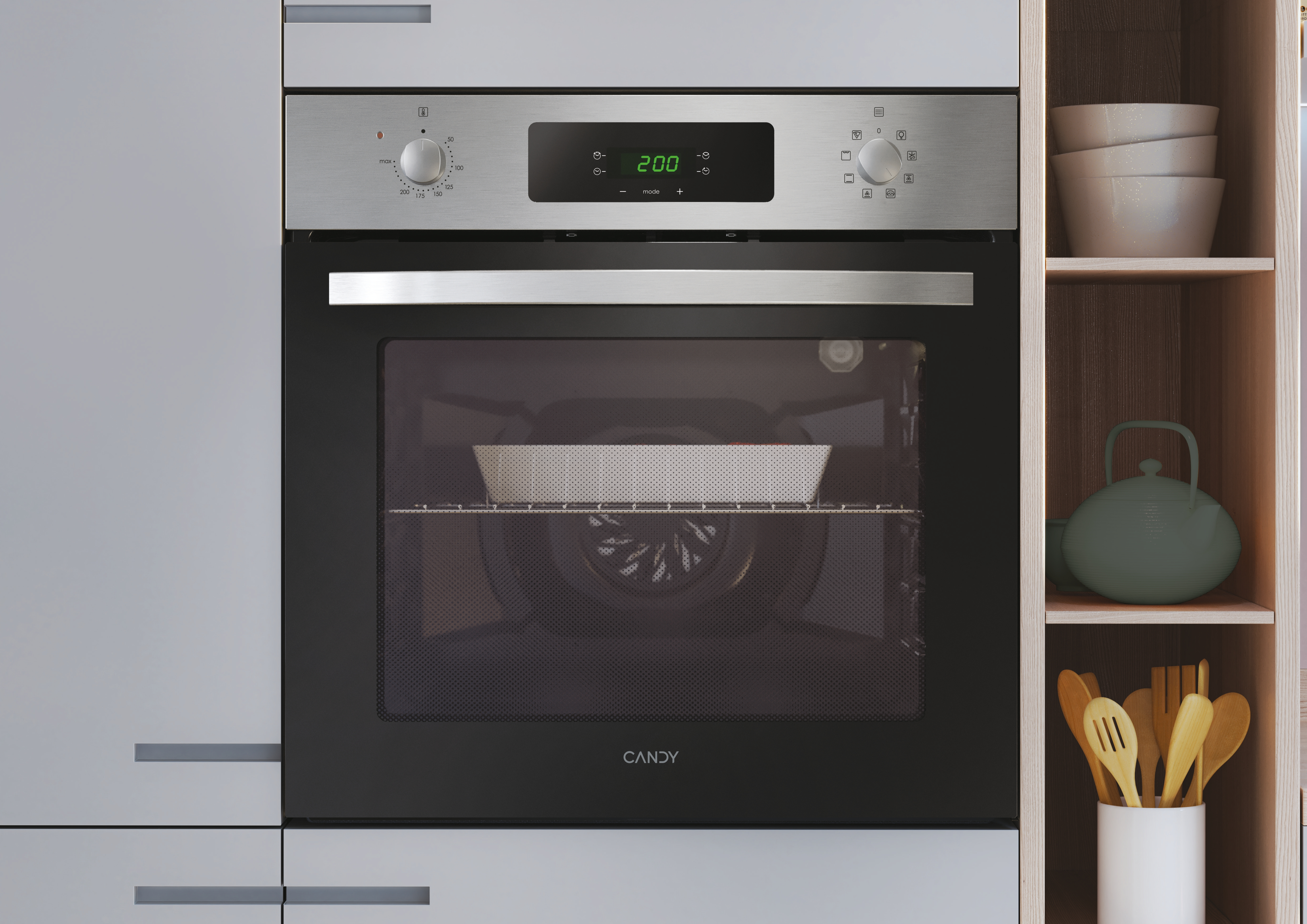 Un forno moderno, con display digitale che mostra 200 gradi. Il forno è in una cucina con ripiani e utensili.