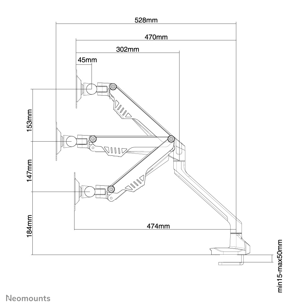 Diagram van een monitorarm met afmetingen. Drie monitorbevestigingen worden getoond. Afmetingen zijn 528 mm, 470 mm, 302 mm, 45 mm, 153 mm, 147 mm, 184 mm en 474 mm.