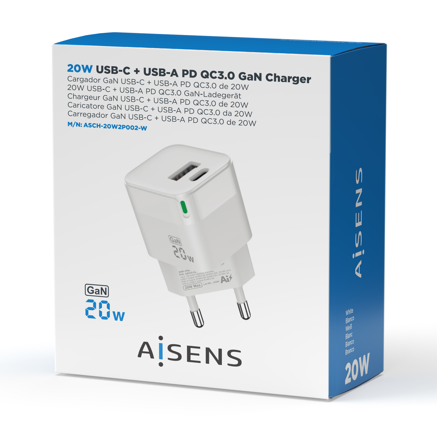 Una caja blanca con un cargador GaN de 20W. El texto incluye detalles del producto. La marca es AİSENS.