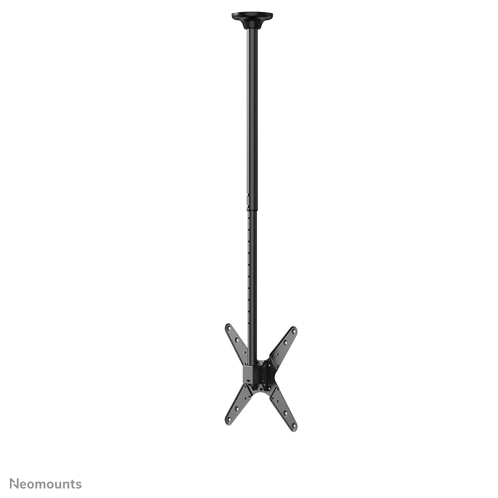 Een zwarte plafondbeugel voor een monitor. Het heeft een lange verticale paal met een beugel aan de onderkant. De achtergrond is wit.