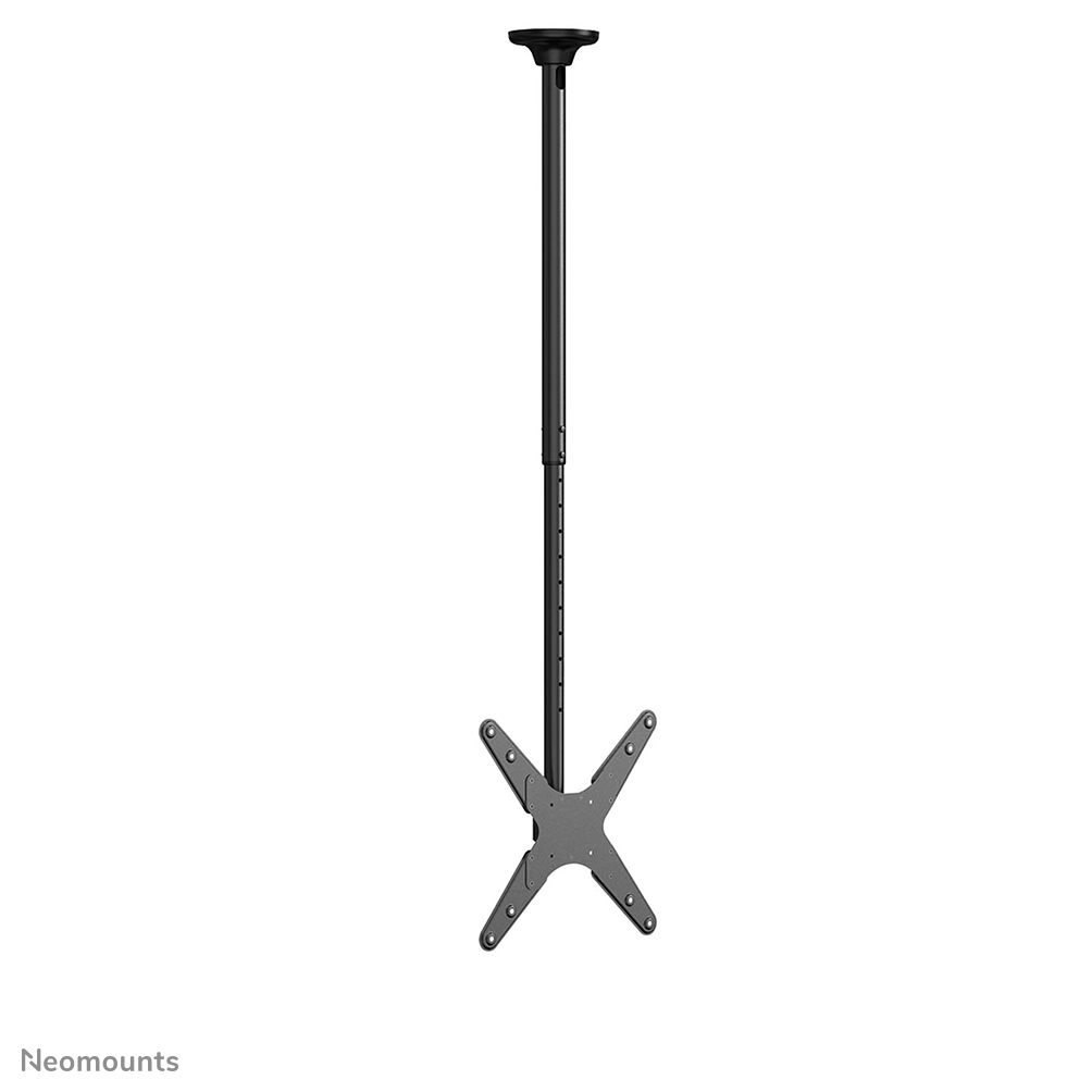Een plafondbeugel voor een tv. Hij is zwart en grijs, met een verstelbare paal en een kruisvormige beugel om de tv vast te houden.