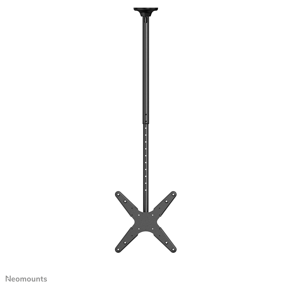 Een plafondbeugel voor tv's. Het heeft een zwarte, telescopische paal verbonden met een montageplaat met een X-vormig ontwerp.