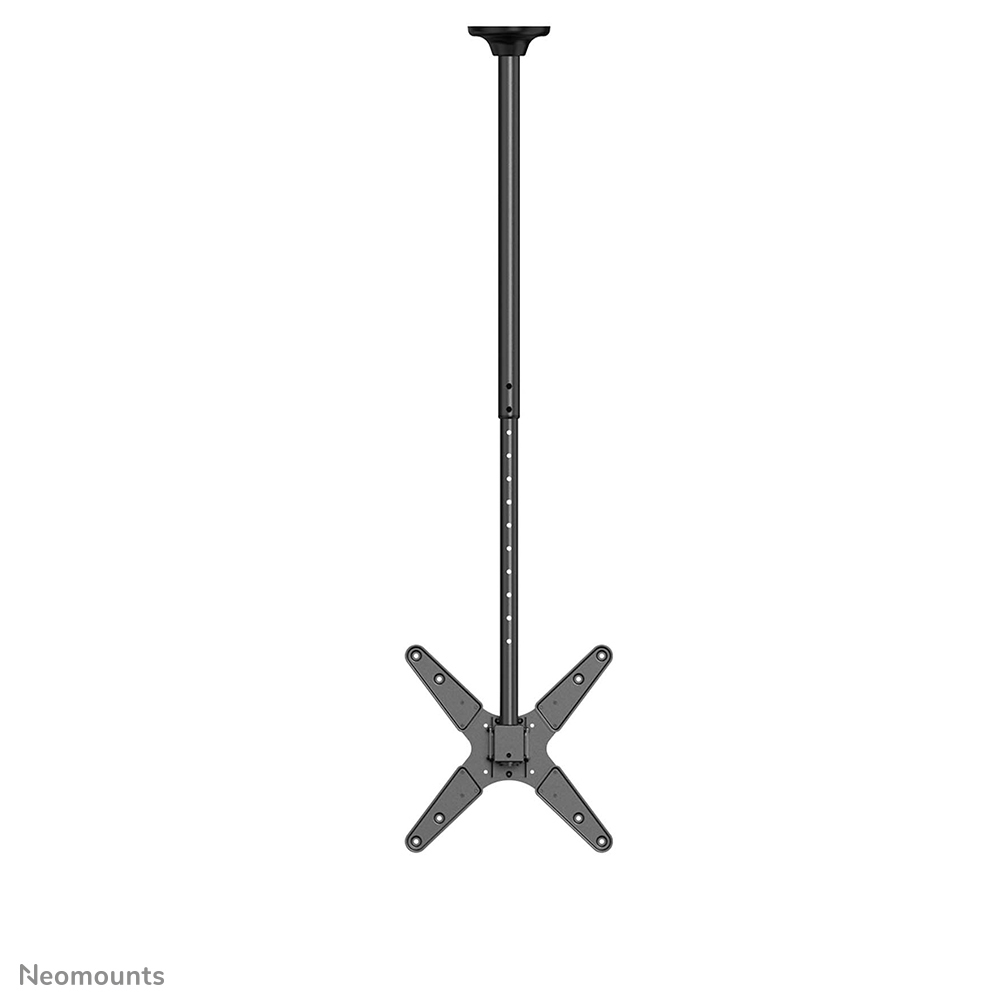 Een donkergrijze plafondbeugel voor een monitor. Het heeft een lange verticale paal met een kruisvormige basis.